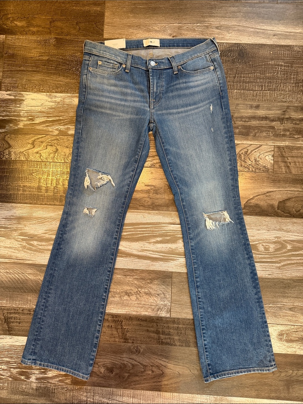 7 For All Mankind Medium Blue Distressed Original Bootcut Jeans